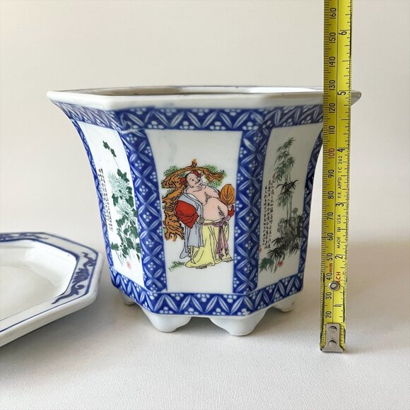 Vintage Chinese Immortals Flowers Poems Octagon Flowerpot w/ Saucer Blue & White - Picture 11 of 15